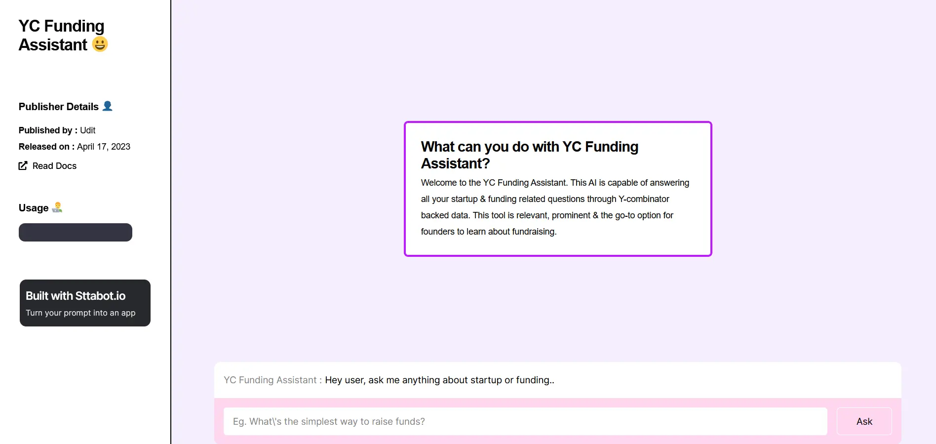YC Funding Assistant screenshot