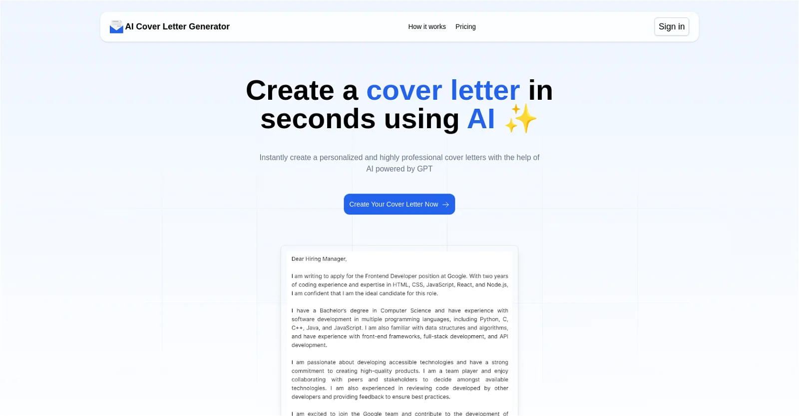 AI Cover Letter Generator screenshot