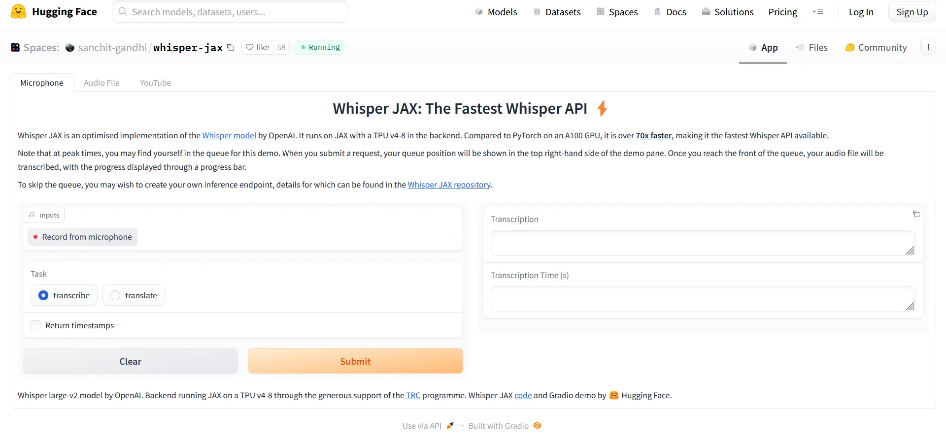 Whisper JAX screenshot
