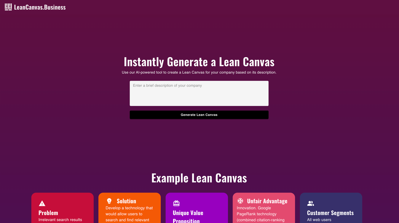 Lean Canvas screenshot