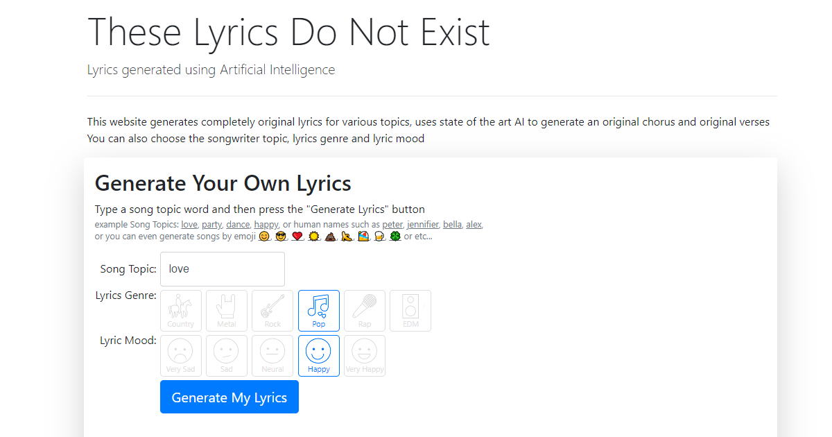 Artificial Intelligence Songwriter screenshot
