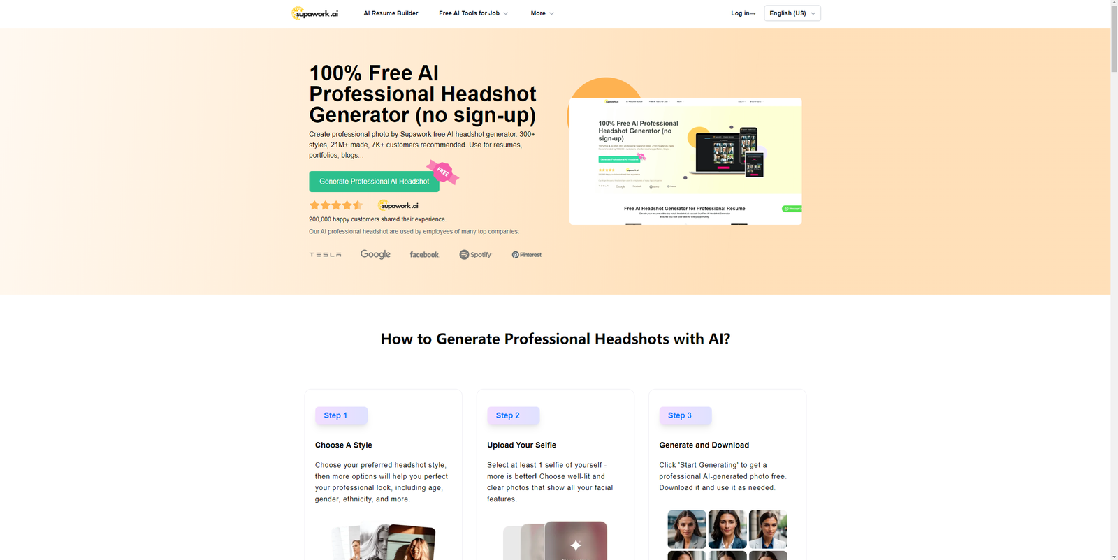 Free AI Headshot Generator | Supawork AI (no sign-up) screenshot