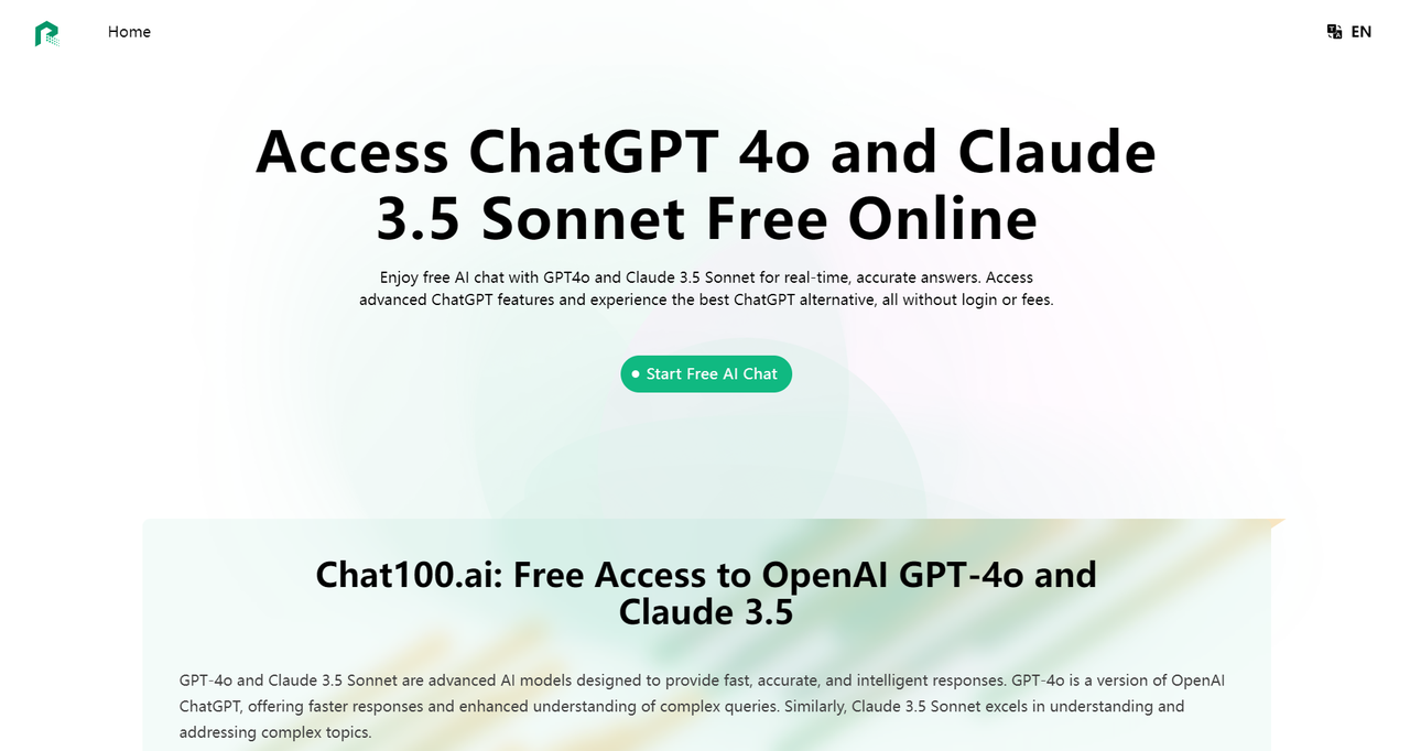 Chat100.ai: Free ChatGPT 4o and Claude 3.5 Sonnet screenshot