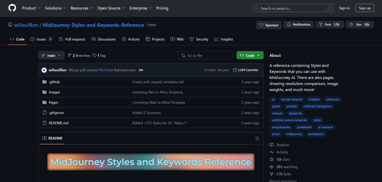 MidJourney Styles & Keywords screenshot